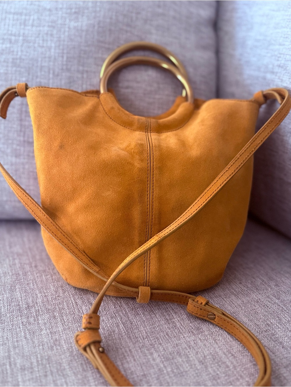 Jcrew Mustard Suede Bucket Bag with Gold Ring Handles